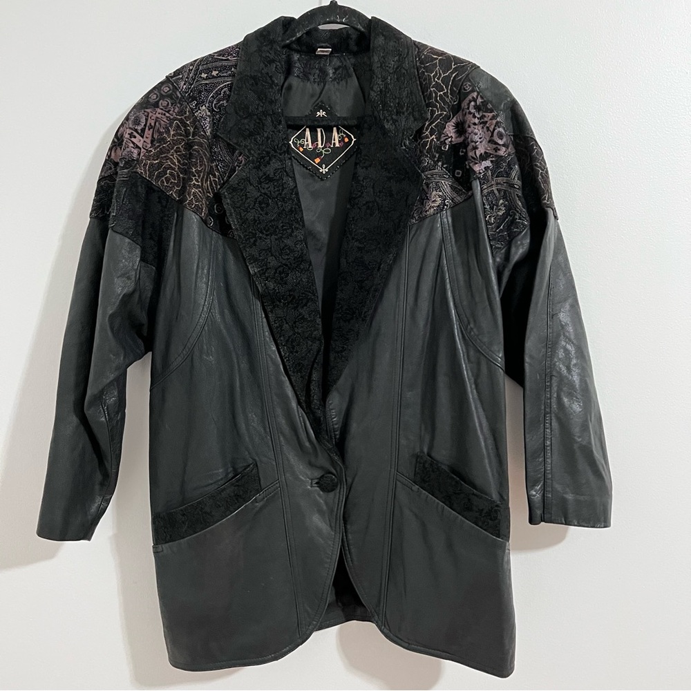 ADA Black Leather Jacket Women Size S Floral Vintage Oversized Retro 90s Y2K